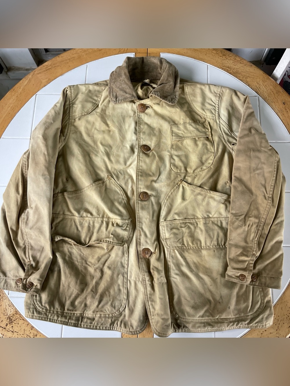 Vintage JC Higgins Hunting Jacket XL Tan Canvas Field Chore Coat Game Pouch 50s